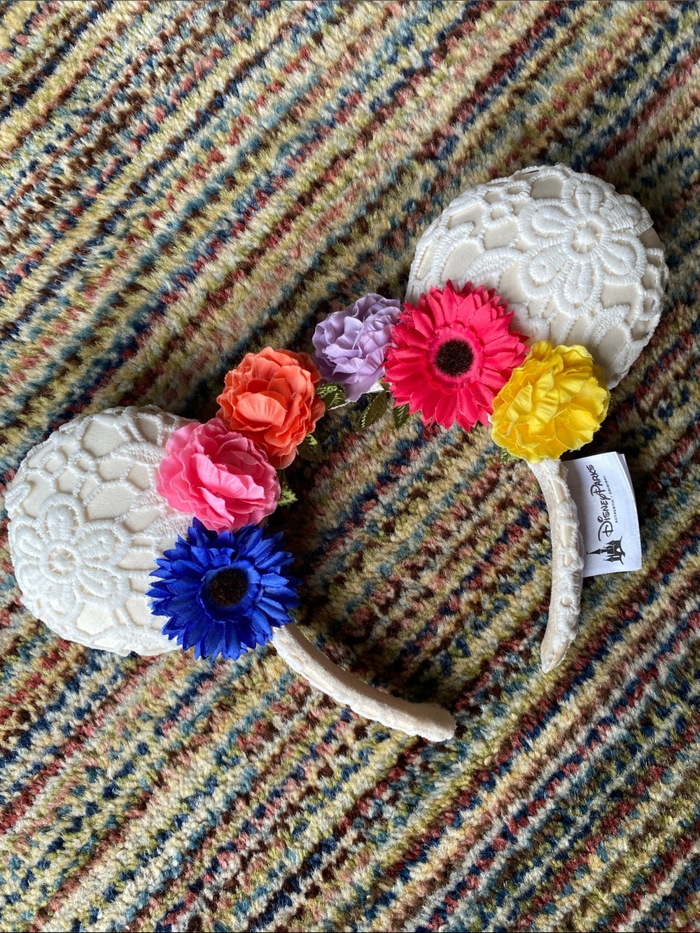 Disney Cream Lace Minnie Ears Headband with Multicolored Floral Trim